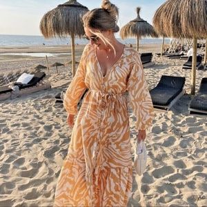 H&M Orange Balloon Sleeve Midi Maxi Kaftan Dress Size Medium